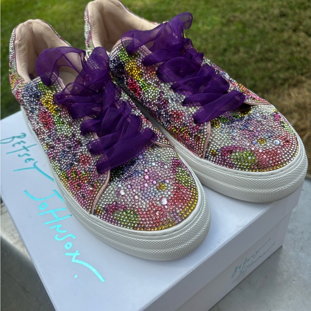 Betsey Johnson Colorful Rhinestone Sneakers with Purple Laces